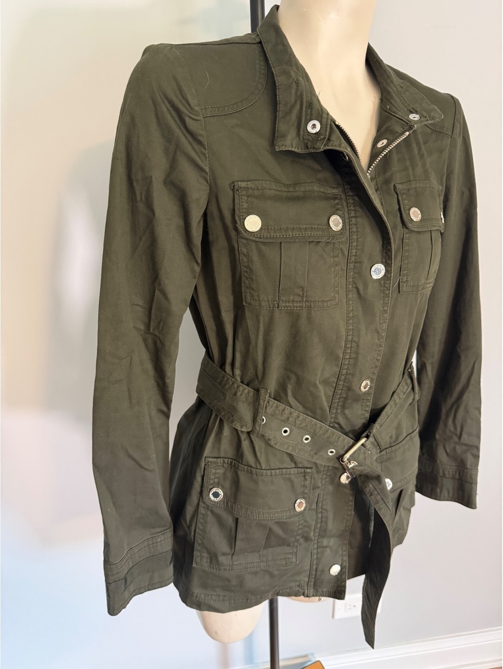 White House Black Market Olive Green Belted Utility Jacket Size 0 - Picture 12 of 14